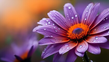 Obraz premium A Sharp Image Of A Vibrant Purple Orange Flower With Water Droplets On Its Petals And A Hazy Background