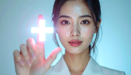 Glowing 3D plus sign icon touched by businesswoman hand in digital concept