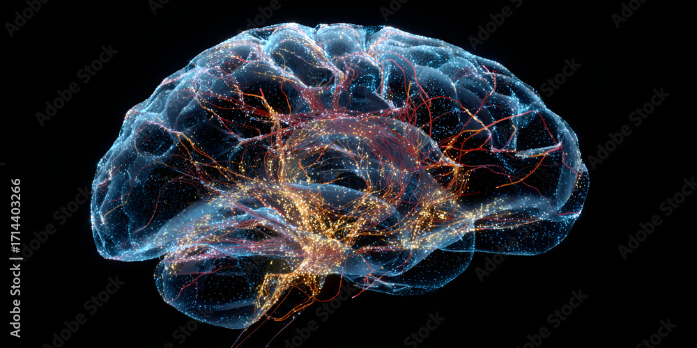 Poster transparent human brain with glowing neural connections and data pathways