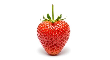 A vibrant, heart-shaped strawberry stands out against a pure white background, showcasing its luscious red color and detailed texture.