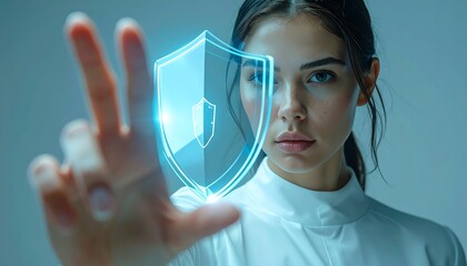 Businesswoman reaching toward futuristic 3D shield icon in modern technology concept