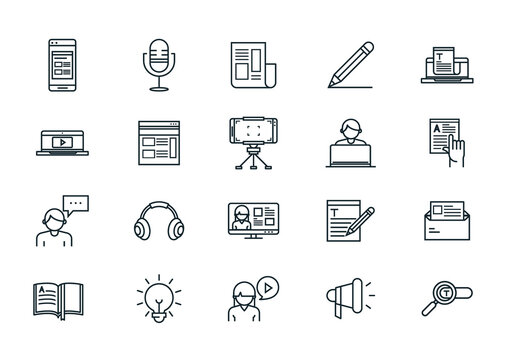 Black And White Blogging Podcast Icons Set