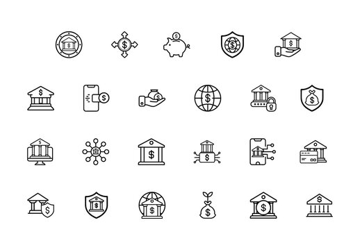 Black And White Bank Finance Secure Icons Set