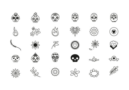Black And White Calaveras Dia De Los Muertos Icons Set