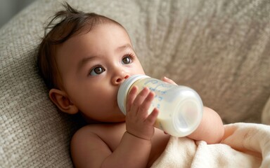 Adorable baby enjoying bottle feeding, a tender moment of childhood nourishment and care