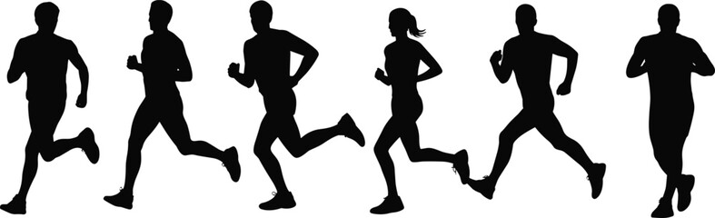 Obraz premium Silhouette of people running in motion, jogging athletes, marathon training, fitness exercise, sport activity vector illustration isolated on white background design