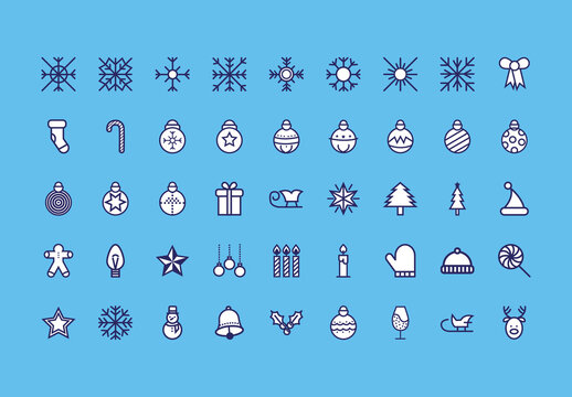 Blue And White Christmas Holiday Icons Set
