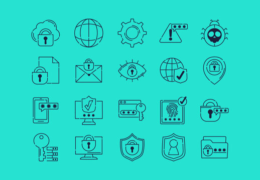 Blue And Black Cybersecurity Data Privacy Icons Set
