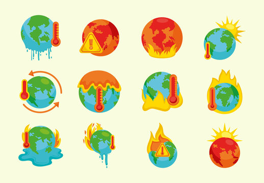 Blue And Red Global Warming Earth Planet Illustrations Set