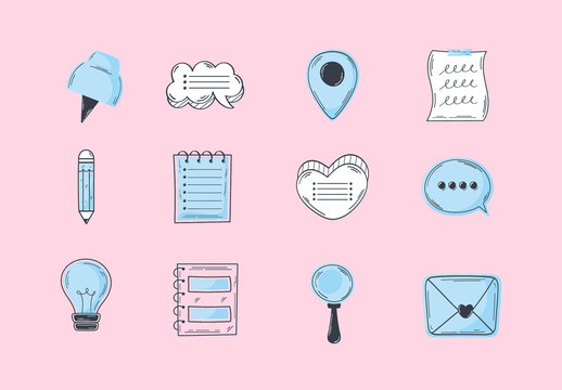Blue Notes and Daily Elements Doodle Icons Set