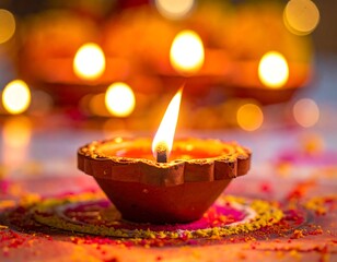 Illuminated clay lamp, Diwali celebration