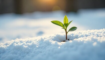 Resilient green sprout pushing through fresh snow against golden sunrise light, symbolizing hope and new beginnings.