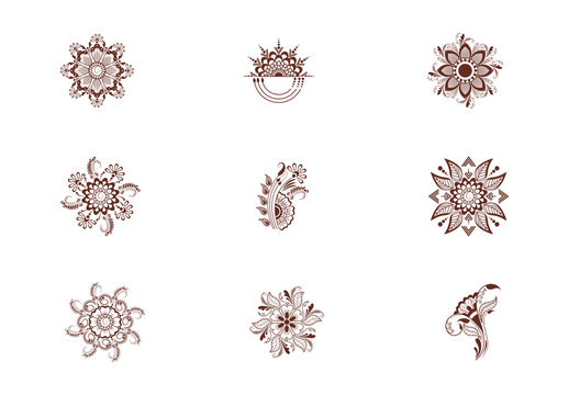 Brown And White Tattoo Floral Mandala Henna Illustrations Set