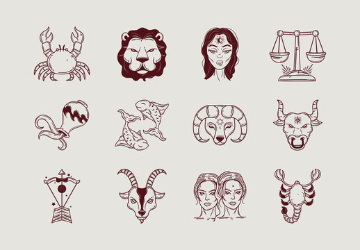 Brown And White Astrology Zodiac Illustrations Set