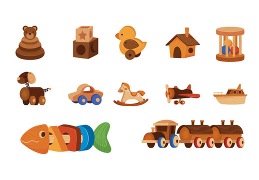 Brown And Orange Wooden Toys Animals Illustrations Set