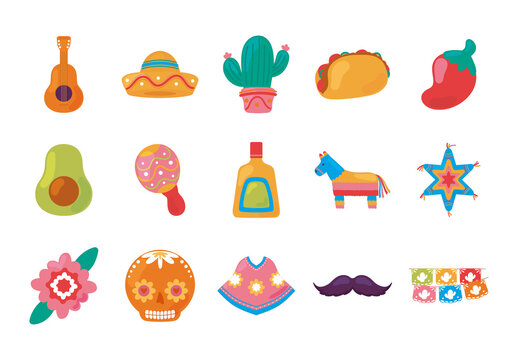 Colorful Mexico Culture Fiesta Illustrations Set