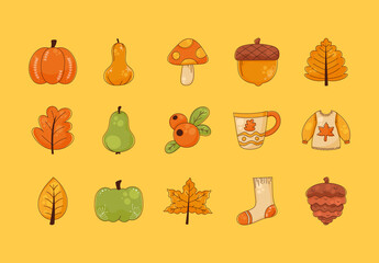 Orange And Green Autumn Decorative Illustrations Set