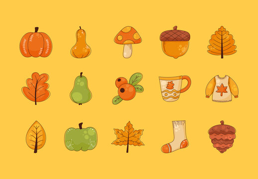 Orange And Green Autumn Decorative Illustrations Set