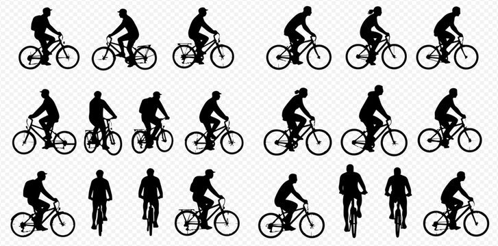 Set of black silhouettes showing diverse people riding bicycles from multiple perspectives, including side profiles, front, and rear views.
