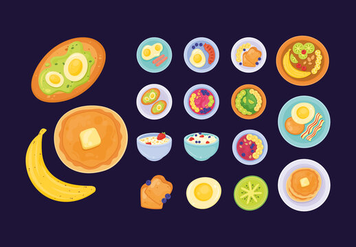 Colorful Breakfast Bowl Illustrations Set