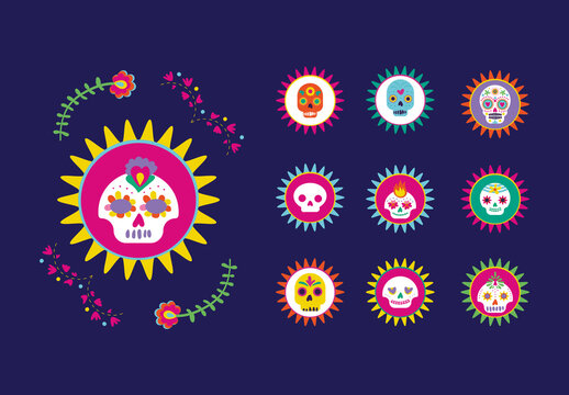 Colorful Calaveras Dia de los Muertos Celebration Illustrations Set