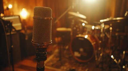 Recording studio microphone in focus, drums blurred background