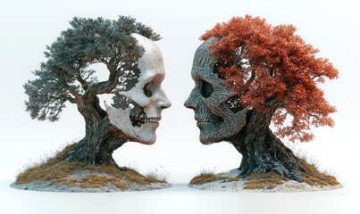 Two skulls, each with a tree growing from it, facing each other.  A serene, symbolic image