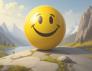 Happy yellow sphere on a rocky outcrop overlooking a serene valley