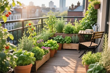 Fototapeta premium A stunning balcony, beautifully adorned with lush plants, vibrant herbs, and fresh vegetables, basking in warm sunlight