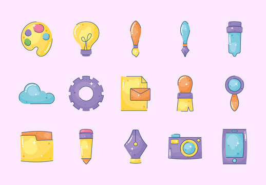 Yellow And Purple Design Creative Tools Office Icons Set