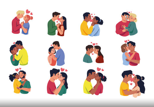 Colorful Couple Kissing Illustrations Set