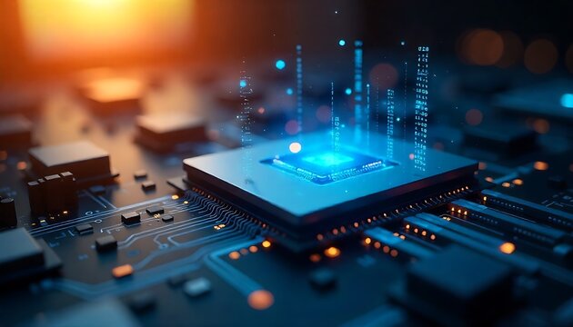Dynamic glowing computer processor with data streams illustrating modern technology and innovation