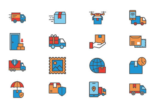 Red And Blue Delivery Logistics Icons Set