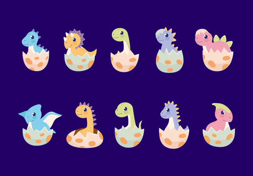 Colorful Baby Dinosaurs Cartoon Illustrations Set