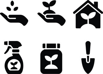 Vector icons for gardening and agriculture showing seeds plant greenhouse spray and other tools 100