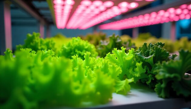 Vibrant lettuce growing under pink grow lights in modern hydroponic farm setting