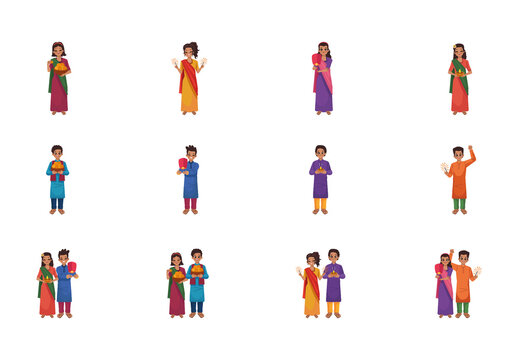 Colorful Diwali Festival People Illustrations Set
