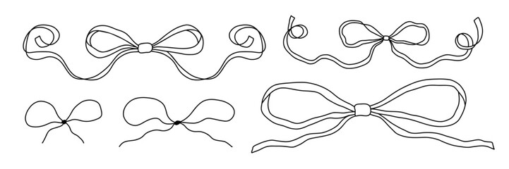 Set of ribbon bows in black outline. Elegant hand-drawn. Perfect for Christmas decorations, holiday cards, festive wrapping, Wedding design, invitations, and Birthday graphics. Vector illustration