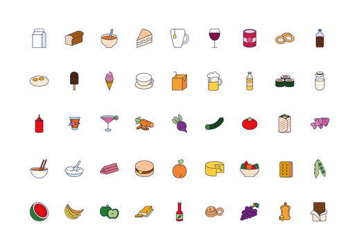 Colorful Food Drinks Icons Set