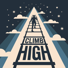 Silhouette figure ascending ladder of success towards bright light and stars symbolizing achievement ambition and reaching goals vector © Ultimate