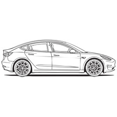 Minimal vector line art of a single car, detailed design, isolated on pure white background.