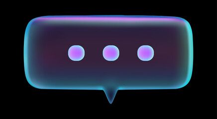 3D rectangular neon chat bubble with typing dots isolated on dark background for digital chat and social media