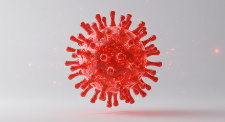 Three-dimensional illustration of a vibrant red viral microorganism, representing a significant threat to public health and a global infectious disease outbreak, with spiked proteins