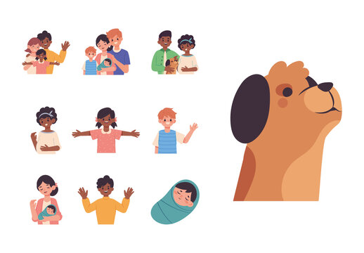 Colorful Family Parents Children Illustrations Set