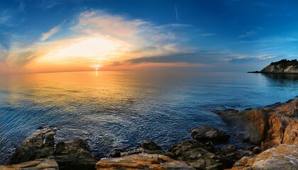 Fototapeta premium Panoramic Sunset Hdr Over Calm Ocean Rocks