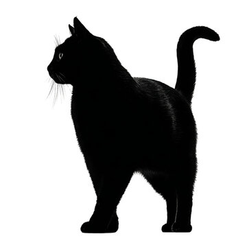 Black cat with arched back silhouette. Isolated white background. Png format