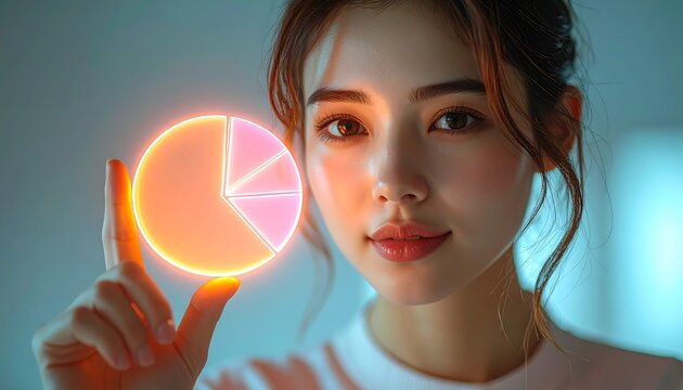 Digital businesswoman highlighting 3D hologram pie chart for futuristic data visualization