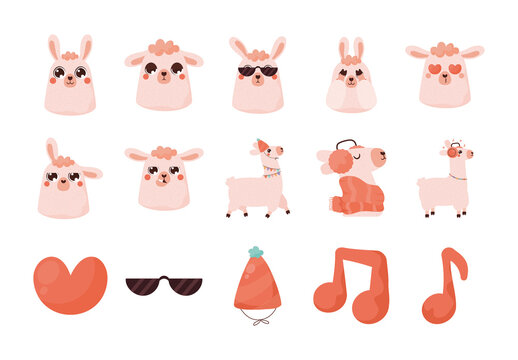 Pink And Orange Alpaca Cute Illustrations Set