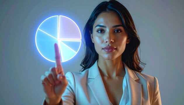 Futuristic glowing hologram pie chart interaction by businesswoman in modern workplace