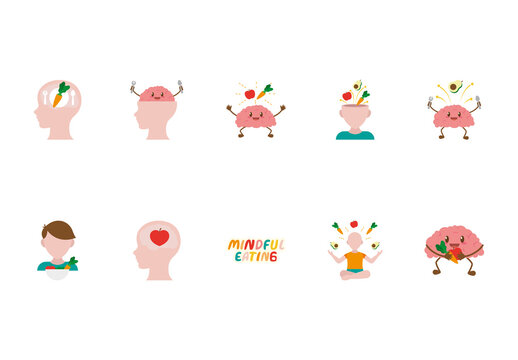 Colorful Mindful Eating Brain Health Illustrations Set